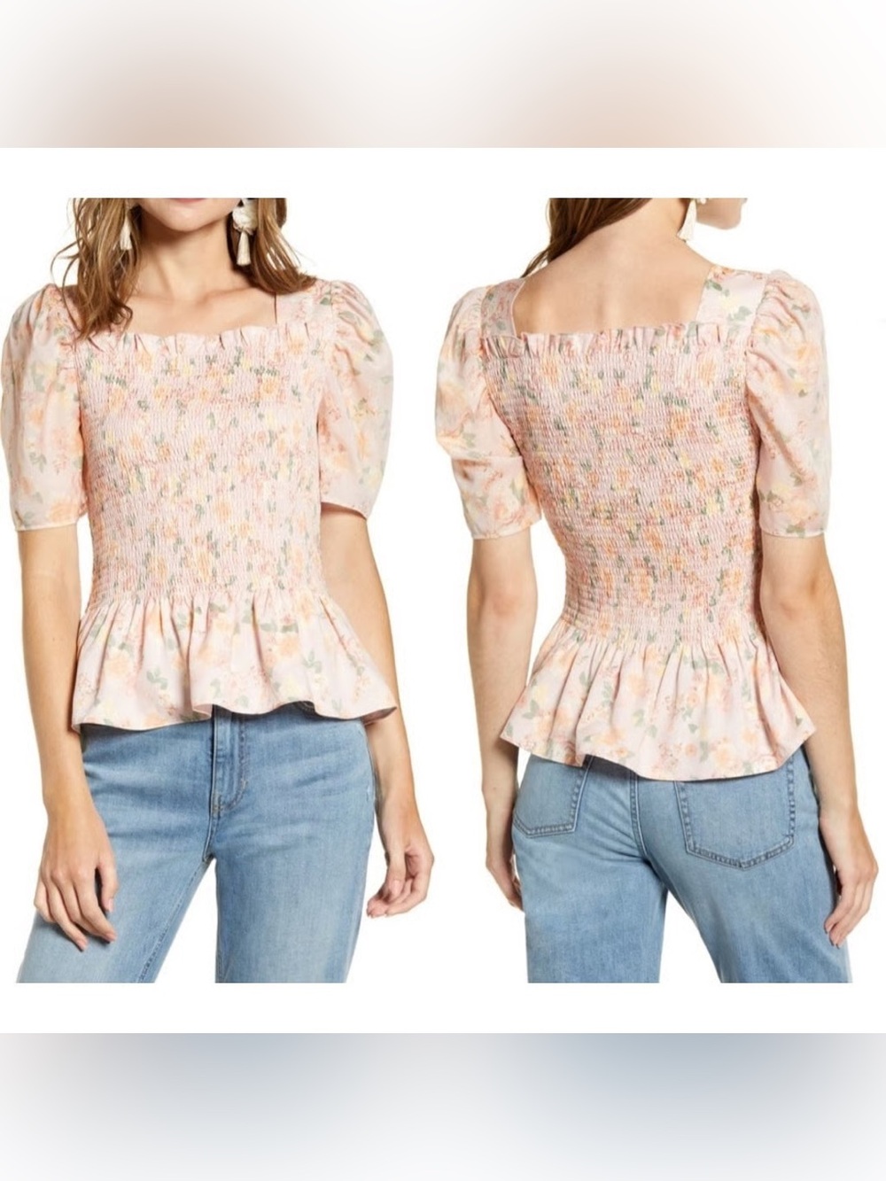 Rachel Parcell Floral Square Neck Smock Top